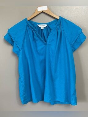 Calligraphie Women's Large Linen Blouse blue coastal colorful ruffle sleeve